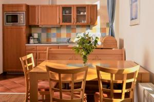 a kitchen with a wooden table with chairs and a table at Apartmány Irisis in Chvaleč