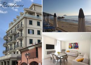 - un bâtiment sur la plage avec une table et des chaises dans l'établissement Casa Vacanze Residence Ideale Suites and Apartments, à Alassio