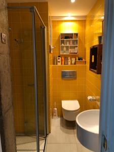 un bagno con doccia, WC e lavandino di Apartamento de playa Valmar - Beachfront exclusive residential a El Perellonet Altre 17 foto