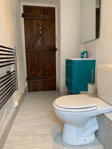 a bathroom with a toilet and a wooden door at Doxie Cottage in Saint-Chabrais +7 photos