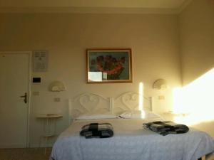a bedroom with a white bed and a picture on the wall at Hotel Signorini in Castiglioncello