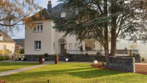 une grande maison blanche avec un arbre dans la cour dans l'établissement "REH"-sidenz Moselschleife, à Leiwen