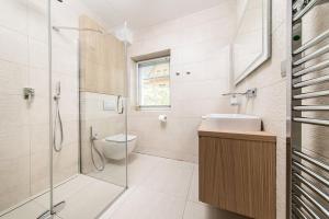 a bathroom with a toilet and a sink and a shower at VRÁTNA Apartmány Stoh A1 a C1 in Terchová