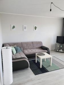 a living room with a couch and a table at Apartament przy promenadzie in Ełk