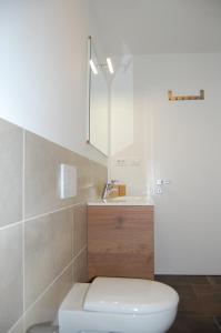 La salle de bains est pourvue de toilettes blanches et d'un lavabo. dans l'établissement Dolomitica, nuovo, fino a 6 Persone, à Vols am Schlern