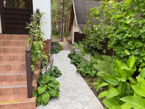 a garden with a walkway with plants and flowers at Kunigiskes103 in Palanga