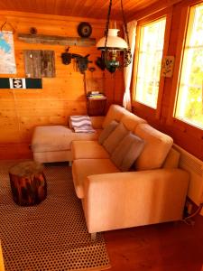 ein Wohnzimmer mit einem Sofa und einem Tisch in der Unterkunft Carlanja in Mäntyharju