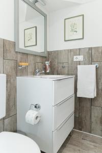 W łazience znajduje się biała umywalka i lustro. w obiekcie Casa Flora w mieście Treppo Grande