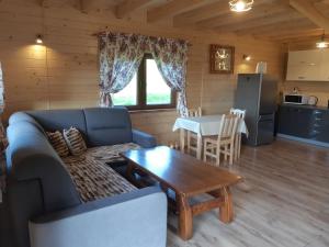 a living room with a couch and a table at Domek na wzgórzu "RYŚ" in Krempna