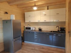a kitchen with a refrigerator and a microwave at Domek na wzgórzu "RYŚ" in Krempna +8 photos