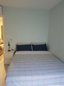 龐特維德拉的住宿－Barcia 1，一间卧室配有一张带蓝色枕头的大床
