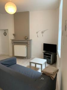 a living room with a blue couch and a tv at Zenitude in Jumet