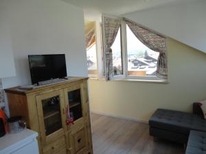 a living room with a tv and two windows at Appartamento Riscone Nuvola di Plan in Brunico