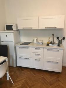 een keuken met witte kasten en een wastafel bij Apartmen -Studio in Praag