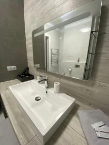 a bathroom with a white sink and a mirror at Serbska Apartment in Lviv