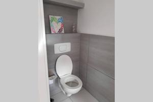 W pokoju znajduje się łazienka z białą toaletą. w obiekcie Cozy apartment in the heart of Kecskemet w mieście Kecskemét