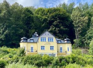 a yellow house on a hill with trees at Vila Jáchymov in Jáchymov +228 photos