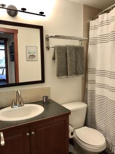 a bathroom with a sink and a toilet and a mirror at Luxurious & Spacious Mountain Retreat in Canmore
