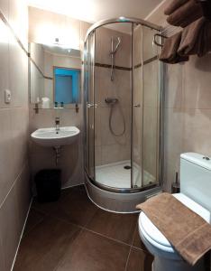 ein Bad mit einer Dusche, einem WC und einem Waschbecken in der Unterkunft Hotel Little Regina in Paris