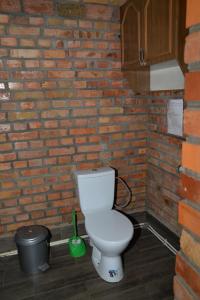 スヴィチャスにあるPryvatna Sadyba Tviy Kutのレンガの壁に白いトイレが付いたバスルーム