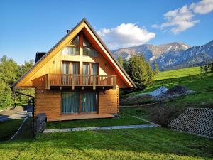 a house on a hill with mountains in the background at STONEGALLERY in Ždiar