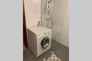 eine Waschmaschine im Bad mit Dusche in der Unterkunft Ruhige Ferienwohnung im Zentrum von Kempten in Kempten