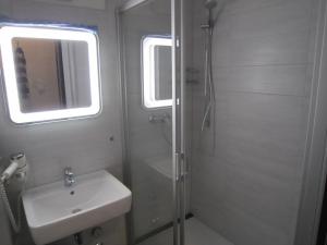 a bathroom with a shower and a sink and a mirror at Ferienwohnung Mares in Winterberg +7 photos
