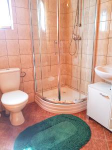 a bathroom with a shower and a toilet and a rug at Domek Standard 2 in Darłowo +26 photos