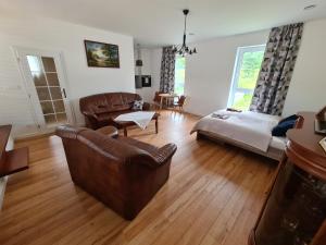a living room with a couch and a bed and a table at Penthouse apartmán s terasou - rezidencia Minerál in Bardejovské Kúpele