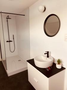 a white bathroom with a sink and a shower at Avenue Rops in Namur +24 photos