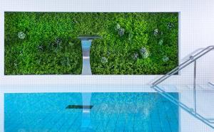 a swimming pool with a green hedge next to at Reitenberger Spa Medical in Mariánské Lázně