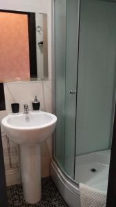 a bathroom with a sink and a glass shower at Hotel Tverskaya 5 in Moscow