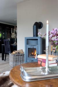 ヴィンターベルクにあるLandhotel Flora & Faunaのリビングルーム(暖炉、本付きテーブル付)