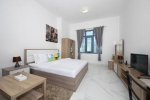 a bedroom with a bed and a television in it at SHH - Furnished Studio in Palace Tower 2, Silicon Oasis in Dubai