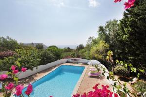 a swimming pool in a garden with pink flowers at Casa dos Gemeos in Luz +10 photos