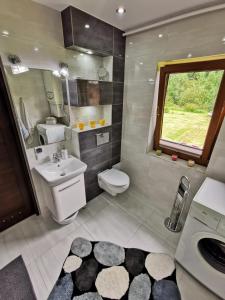 a bathroom with a sink and a toilet and a window at Wieś odNowa in Łabowa