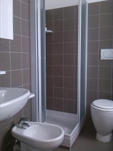 a bathroom with a shower and a toilet and a sink at Casa San Francesco in Bardonecchia