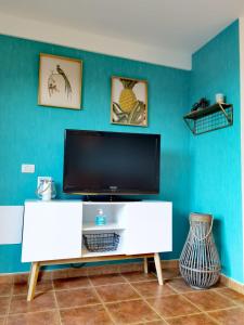 a living room with a tv on a blue wall at Nautilus I: Casa con terraza y vistas al mar in La Caleta