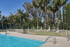 a swimming pool with a fence and palm trees at Silken Al-Andalus Palace in Seville