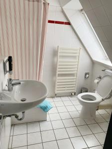 ein Bad mit einem Waschbecken und einem WC in der Unterkunft Hotel Birkenwerder in Birkenwerder
