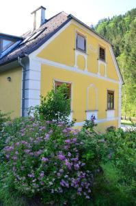 una casa amarilla con flores delante en Ferienwohnung Raabklamm, en Arzberg