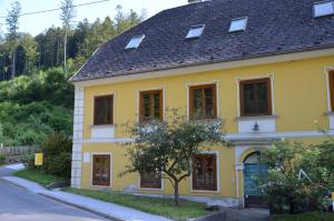 a yellow house with a black roof at Ferienwohnung Raabklamm in Arzberg