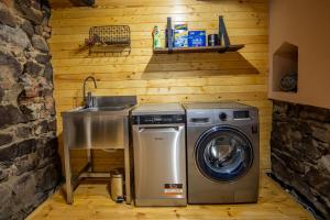 a kitchen with a sink and a washing machine at Casa Paulini in Cisnadioara