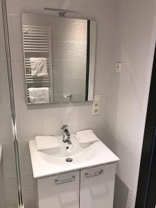 een witte badkamer met een wastafel en een spiegel bij Brussel House Basilic in Brussel