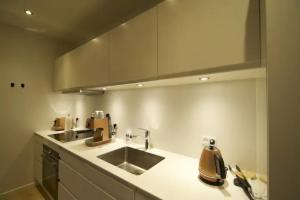 eine Küche mit einer Spüle und einer Arbeitsplatte in der Unterkunft Cozy and silent ground floor apartment in Kopenhagen