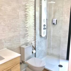 La salle de bains blanche est pourvue d'une douche et de toilettes. dans l'établissement Desertas Beach and Sport, à Costa Nova