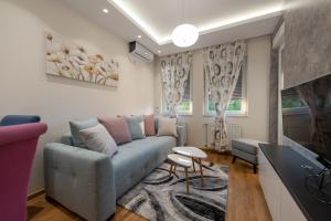 - un salon avec un canapé et une télévision dans l'établissement Danijela Apartment, à Novi Sad