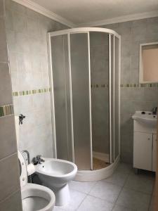 ein Bad mit einer Dusche, einem WC und einem Waschbecken in der Unterkunft Apartamento T2 in Nazaré