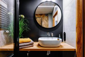 a bathroom with a white sink and a mirror at KOZAcki Kwadrat in Lublin +7 photos