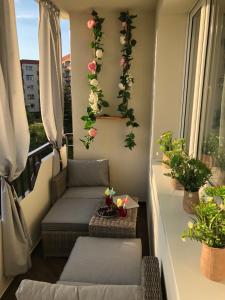 un balcón con 2 sofás y flores en Apartament Primavera z sauną en Kielce